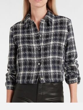 Express navy and white plaid cropped tweed jacket with pearl embellished buttons